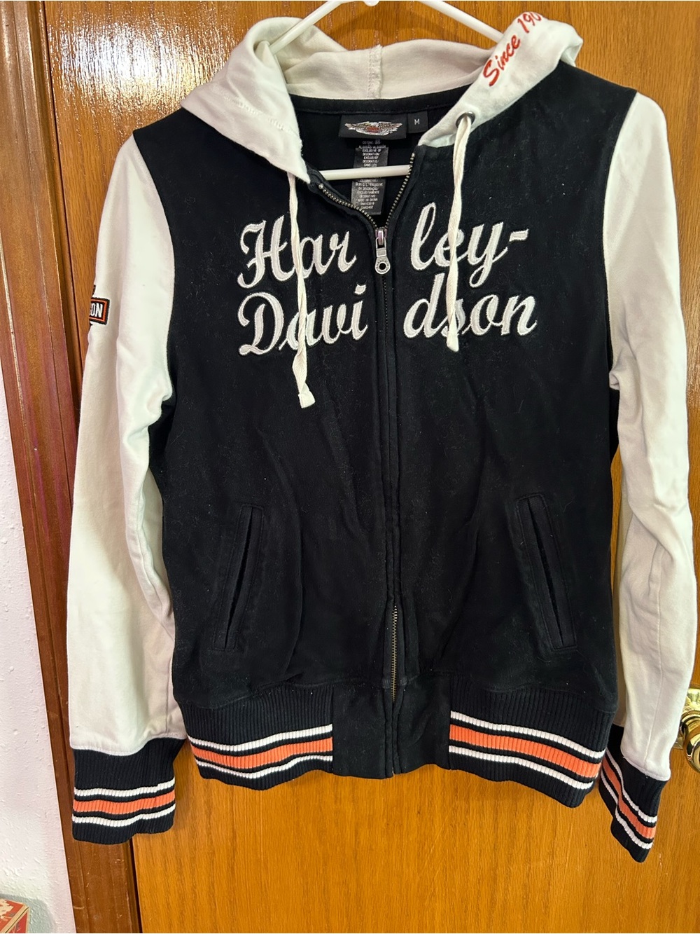 Harley-Davidson Black & White Zip-Up Hoodie Jacket with Striped Hem